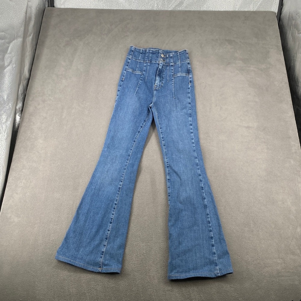 We The Free People High Rise Flare Jeans Blue Corset Waist Seamed Denim 26